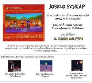 Joselo Schuap, artista y titular de Músicos Populares Misioneros, está ternado para un Gardel 2015.