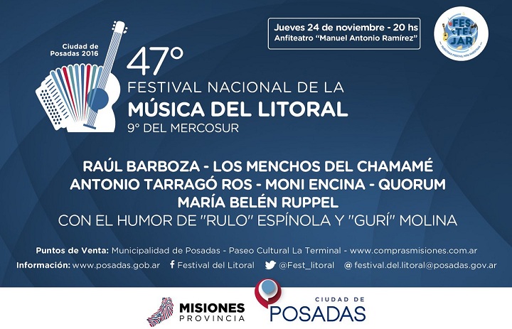 Del 24 al 27 de noviembre, Posadas reunirá a los mejores exponentes de la cultura de la región en la 47° edición del Festival nacional de la Música del Litoral.